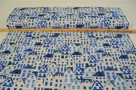 Katoen Canvas Stof Digitaal Delfts Blauwe Huisjes